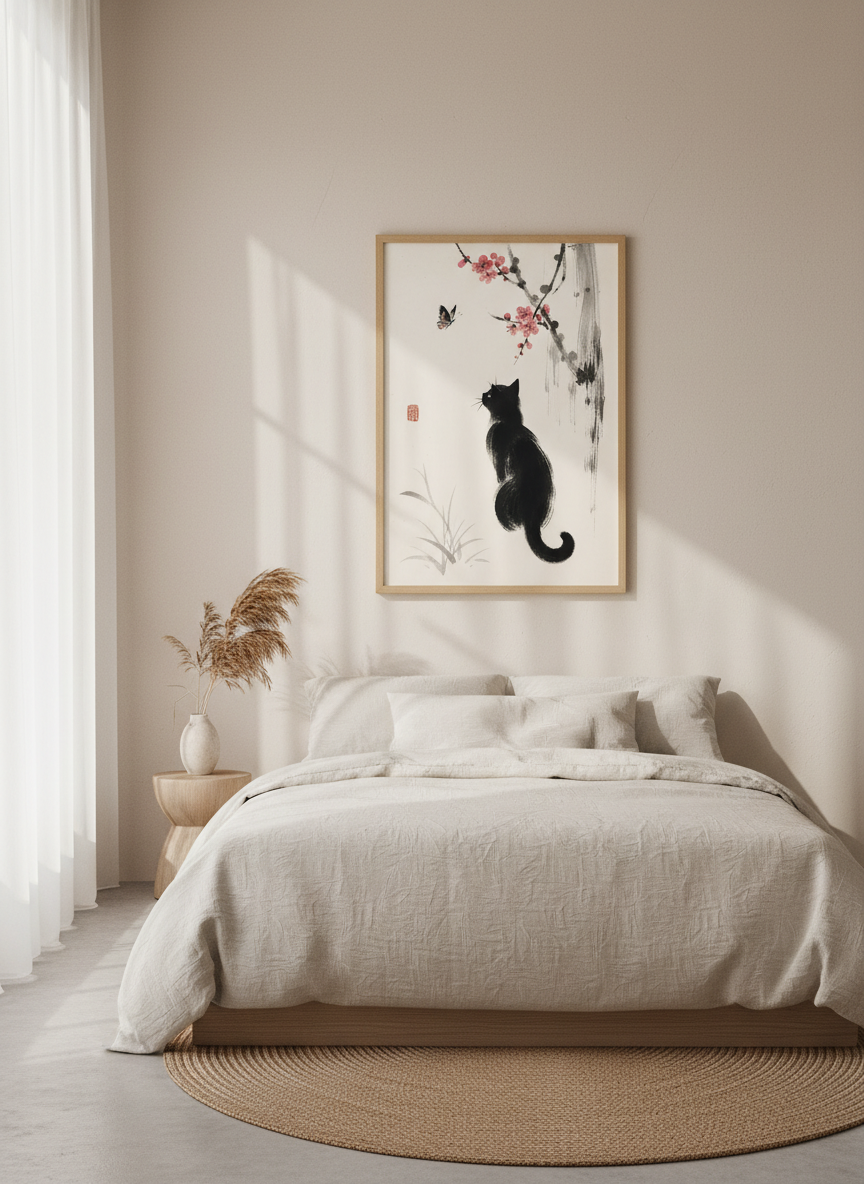 Black Cat &amp; Butterfly Wall Art | Japanese Sumi-e Style, Zen Nature Decor