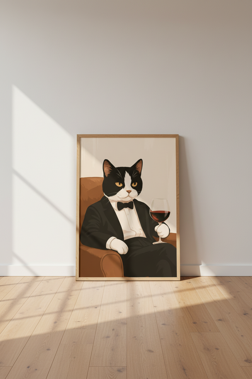 Elegant Cat Drinking Wine Framed Wall Art Print | Pet Lover Living Room Decor | Unique Animal Poster Home Decor