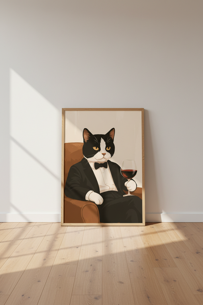Elegant Cat Drinking Wine Framed Wall Art Print | Pet Lover Living Room Decor | Unique Animal Poster Home Decor