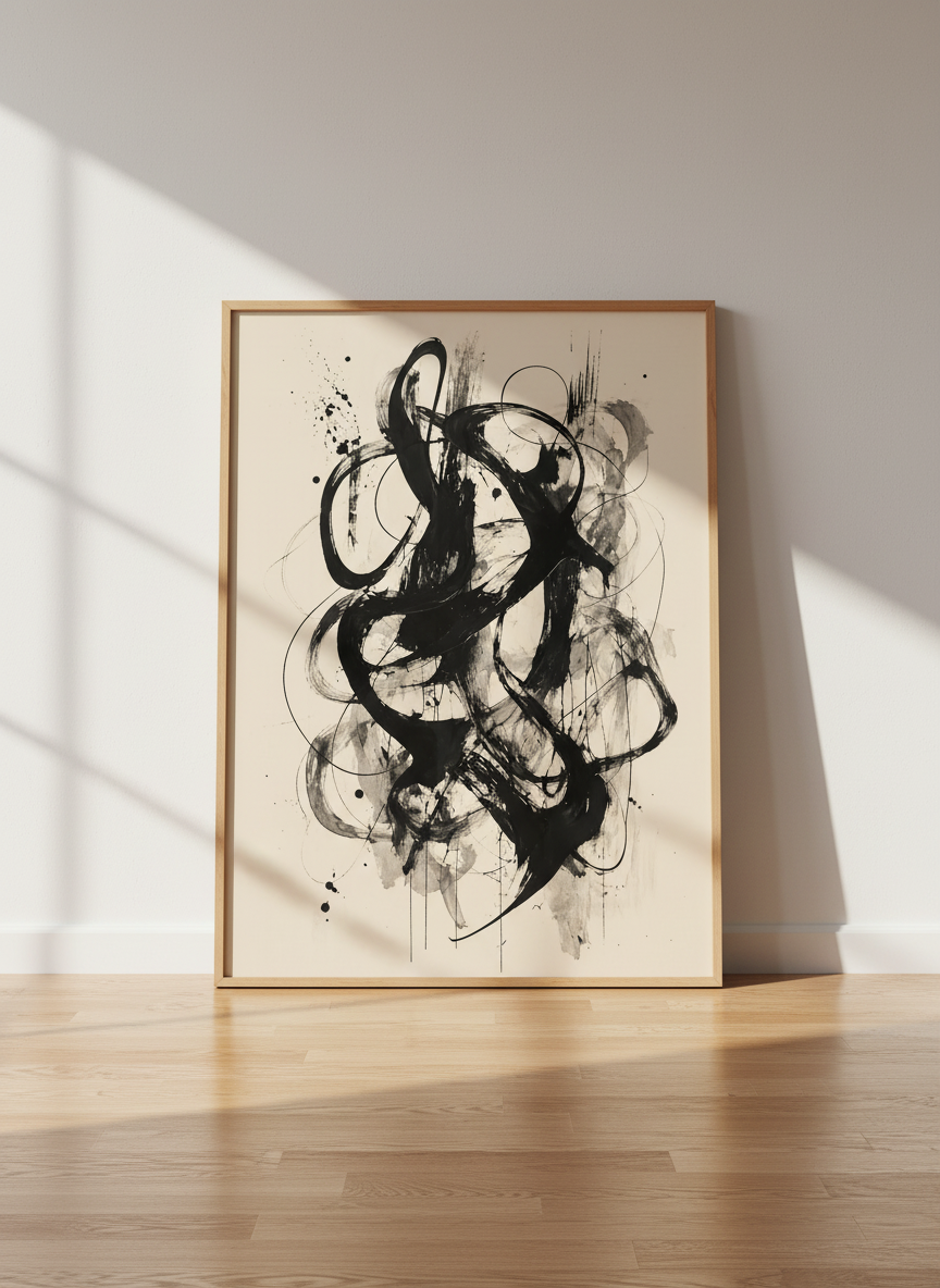 Abstract Ink Stroke Wall Art | Black and Beige Minimalist Print, Modern Office Decor