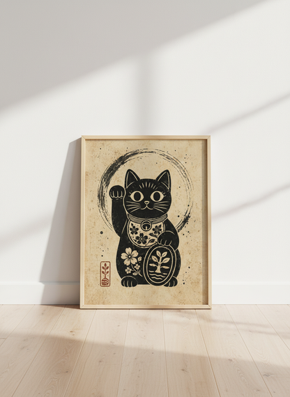 Maneki Neko Lucky Cat Art | Japanese Linocut Style, Black &amp; Beige Zen Decor
