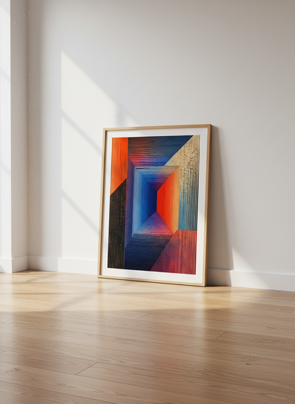 Abstract Geometric Optical Illusion Art | Navy &amp; Orange Modern Decor, Living Room Poster