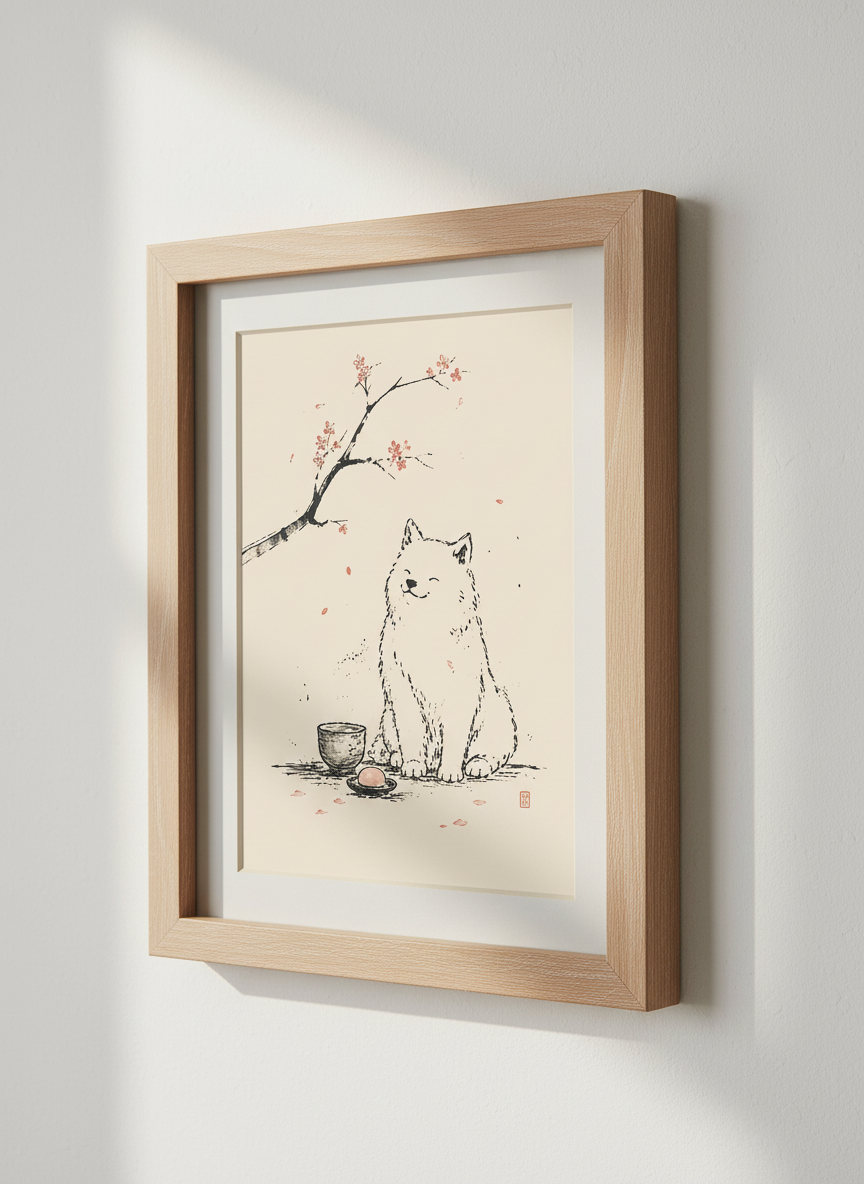Shiba Inu Cherry Blossom Wall Art | Japanese Zen Dog Print | Minimalist Poster