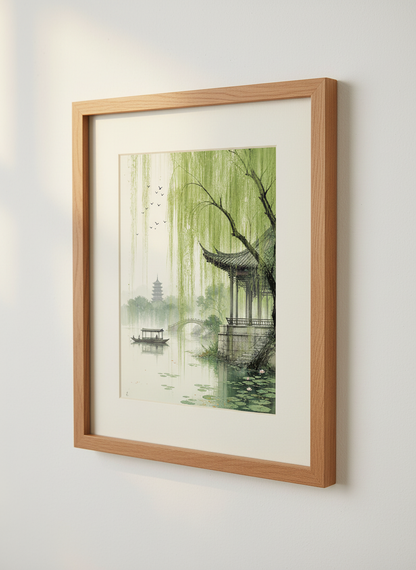 Japanese Zen Landscape Wall Art | Green Willow Pagoda Decor | Asian Nature Poster