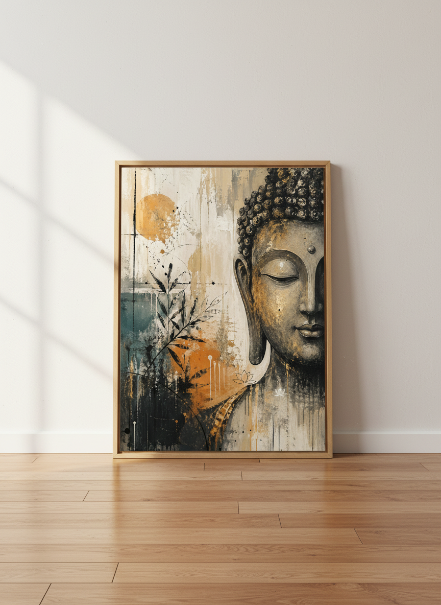 Abstract Buddha Wall Art | Gold &amp; Teal Zen Decor, Spiritual Meditation Poster