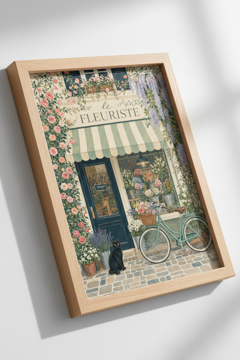 French Flower Shop Art | Pink Roses &amp; Cat Painting, Paris Floral Decor Poster