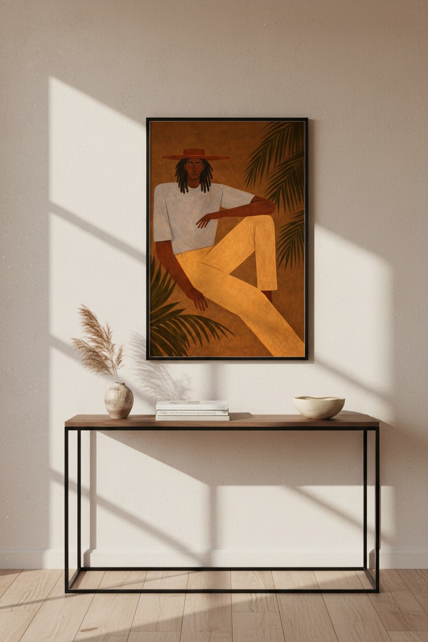 Minimalist Bohemian Art Print | Man with Dreadlocks Framed Wall Art | Mid-Century Modern Living Room Decor | Gallery Wall Poster