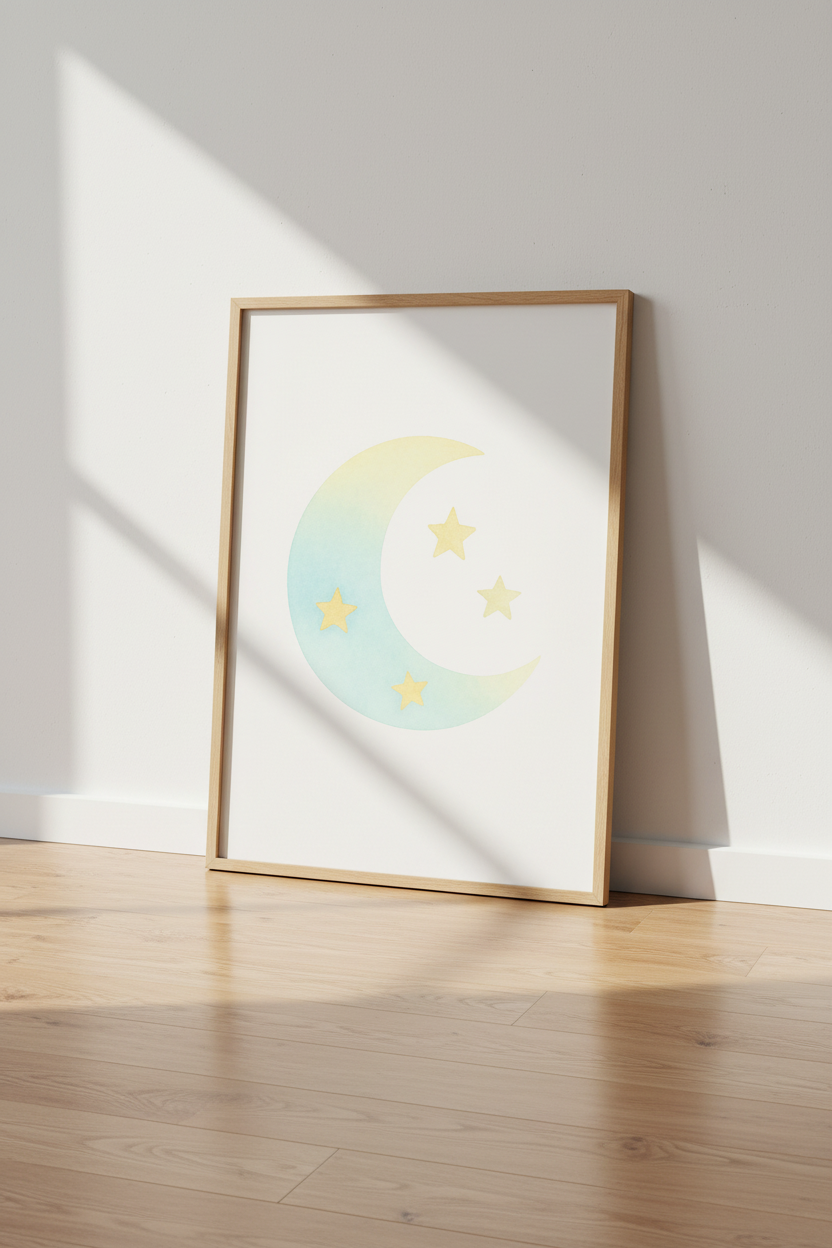 Minimalist Moon &amp; Stars Wall Art | Nursery Decor | Pastel Framed Poster | Kids Room Art | Dreamy Aesthetic | Ready to Hang