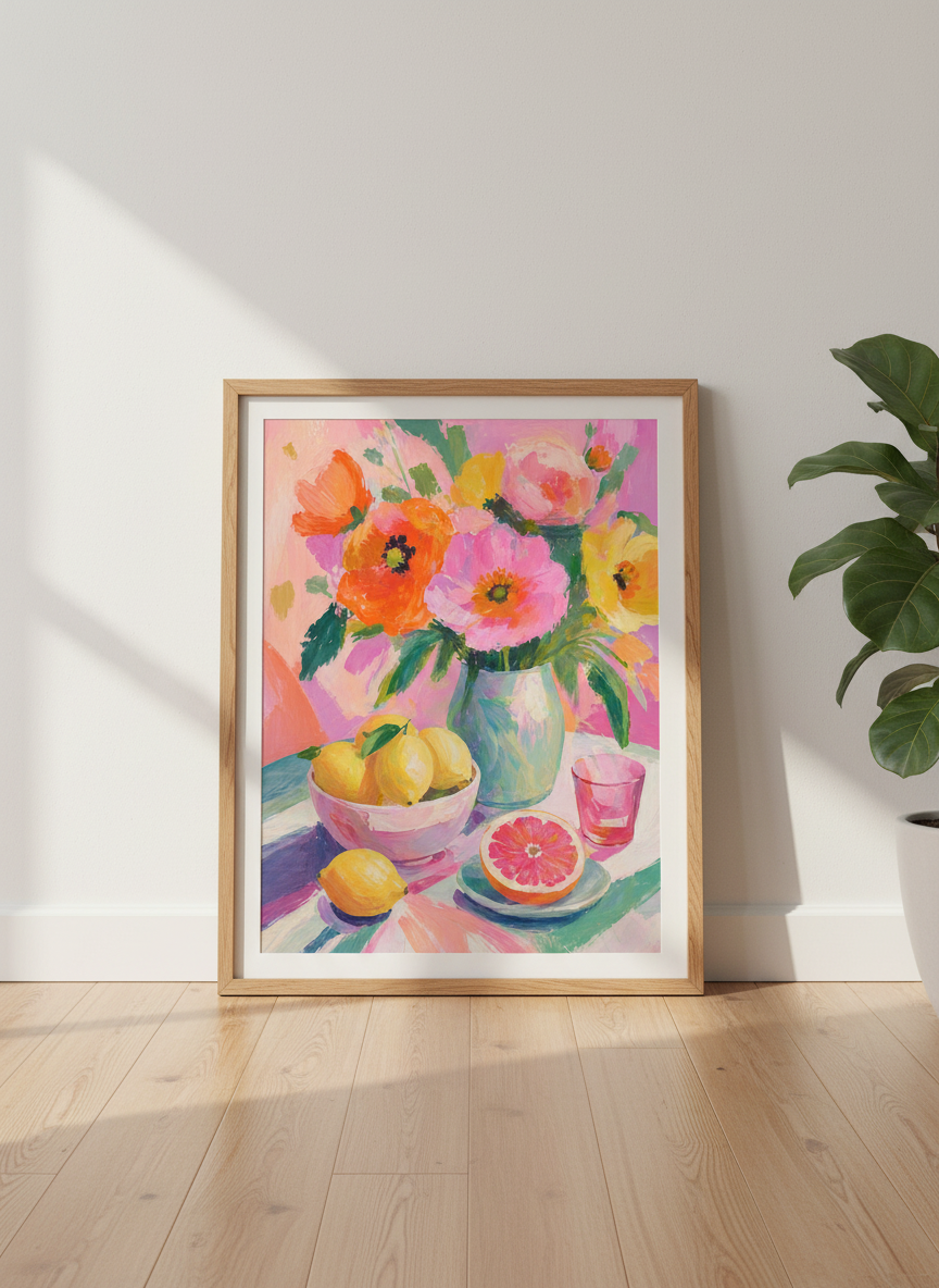 Floral Still Life &amp; Citrus Wall Art | Pink &amp; Orange Impasto Painting, Kitchen Decor Poster