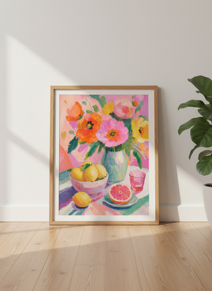 Floral Still Life &amp; Citrus Wall Art | Pink &amp; Orange Impasto Painting, Kitchen Decor Poster