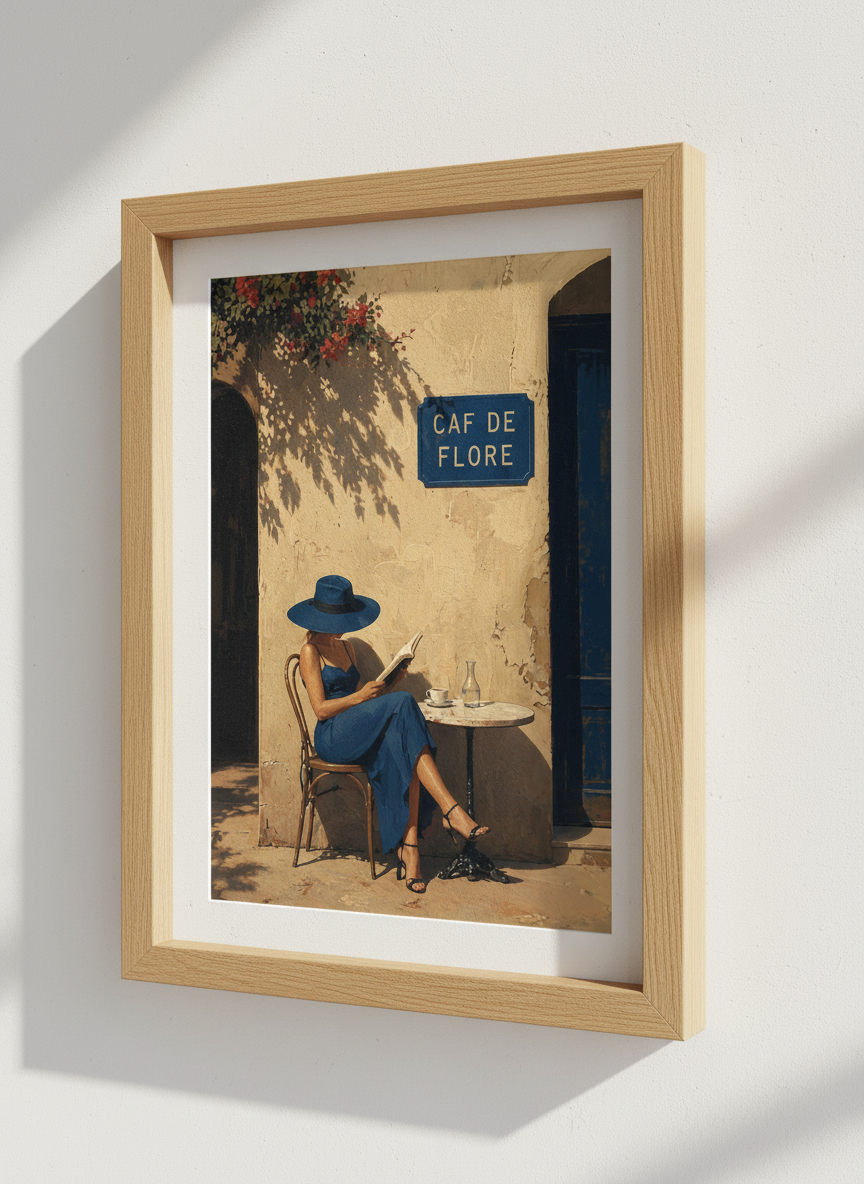 Paris Cafe de Flore Wall Art | Blue Dress Woman Reading Poster | French Country Decor