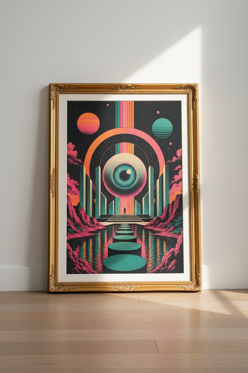 surreal eye poster | neon cosmic teal &amp; pink, living room decor