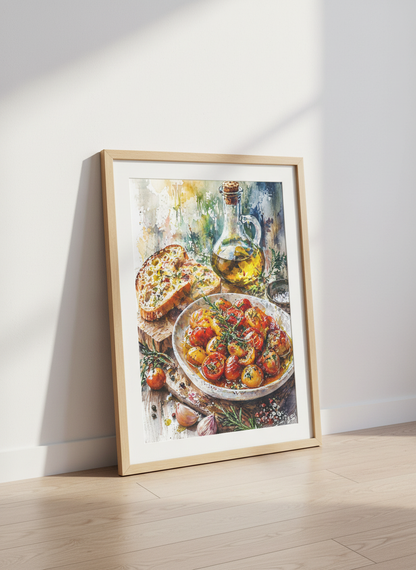 Roasted Tomatoes Watercolor Art | Mediterranean Food Poster, Kitchen Wall Decor