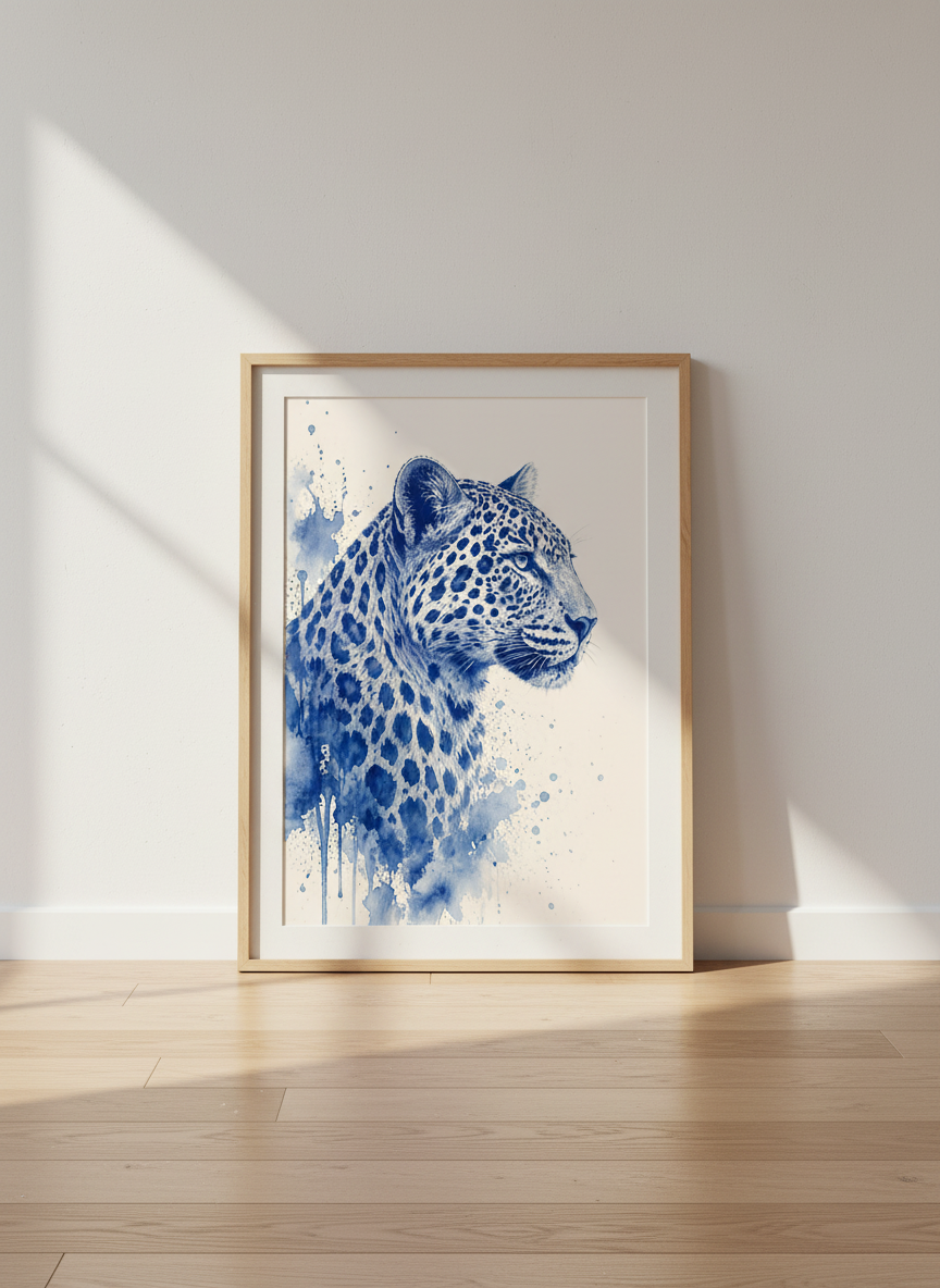 Blue Leopard Watercolor Wall Art | Indigo Animal Poster, Modern Safari Decor