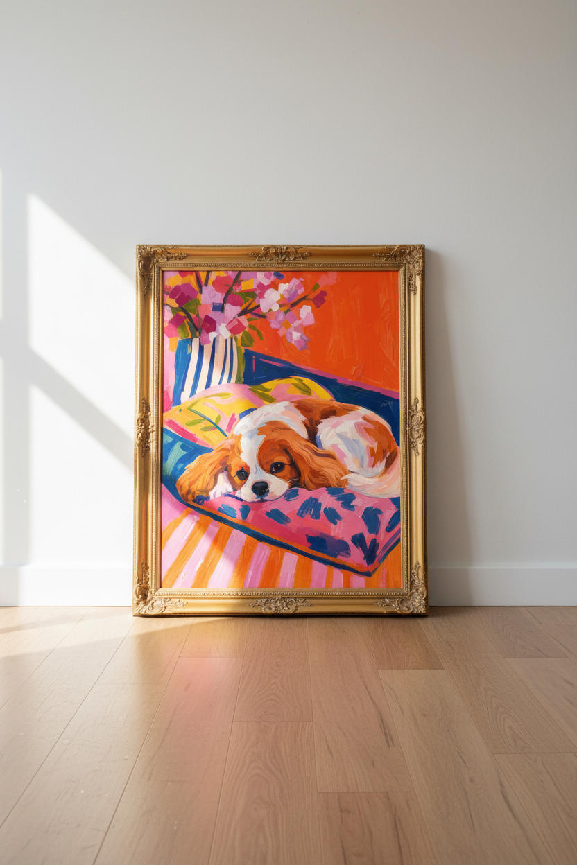 colorful dog print | vibrant gouache hues, living room decor