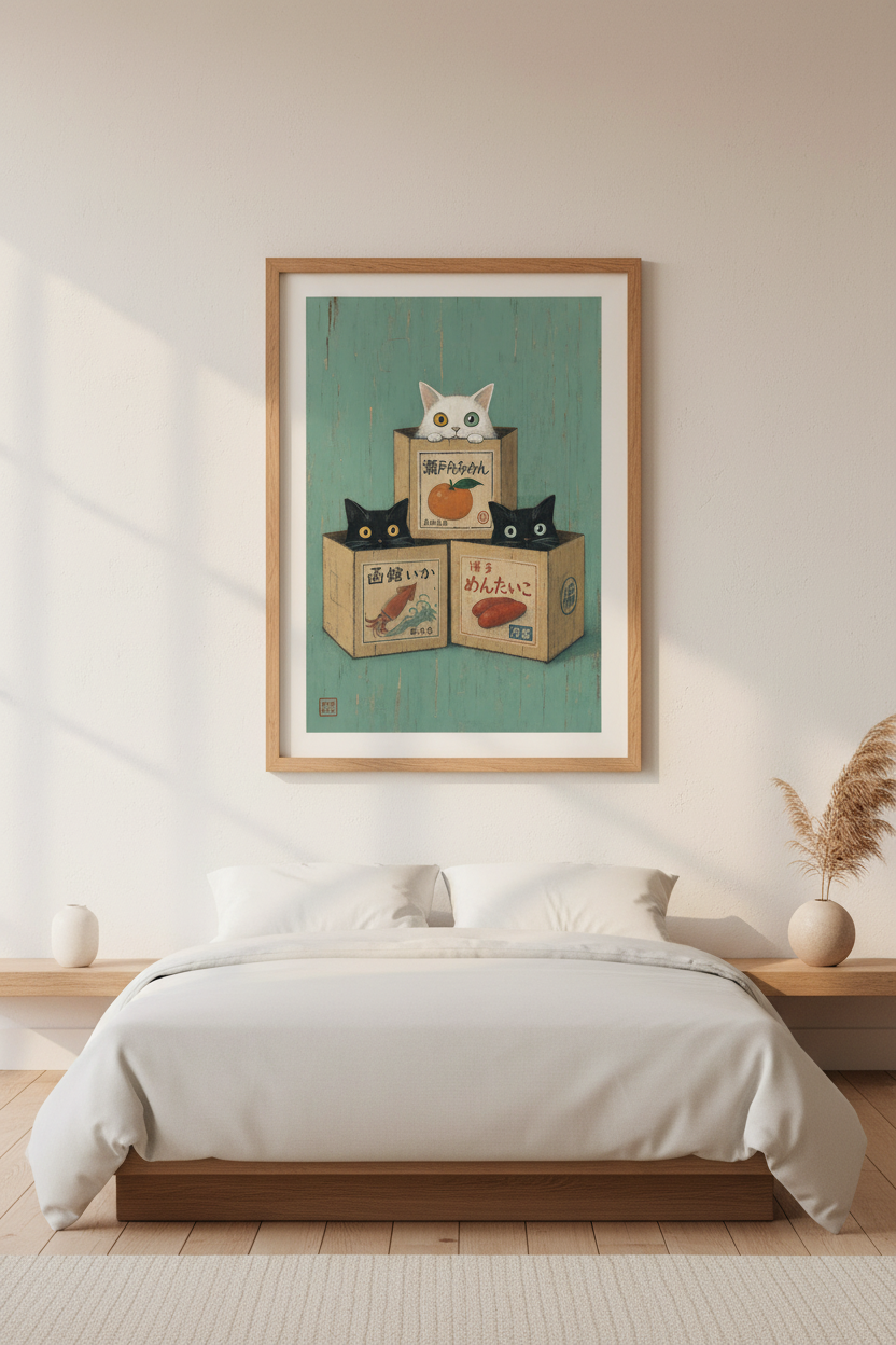 Japanese Cats in Boxes Art Print | Retro Kitchen Decor | Kawaii Aesthetic Poster