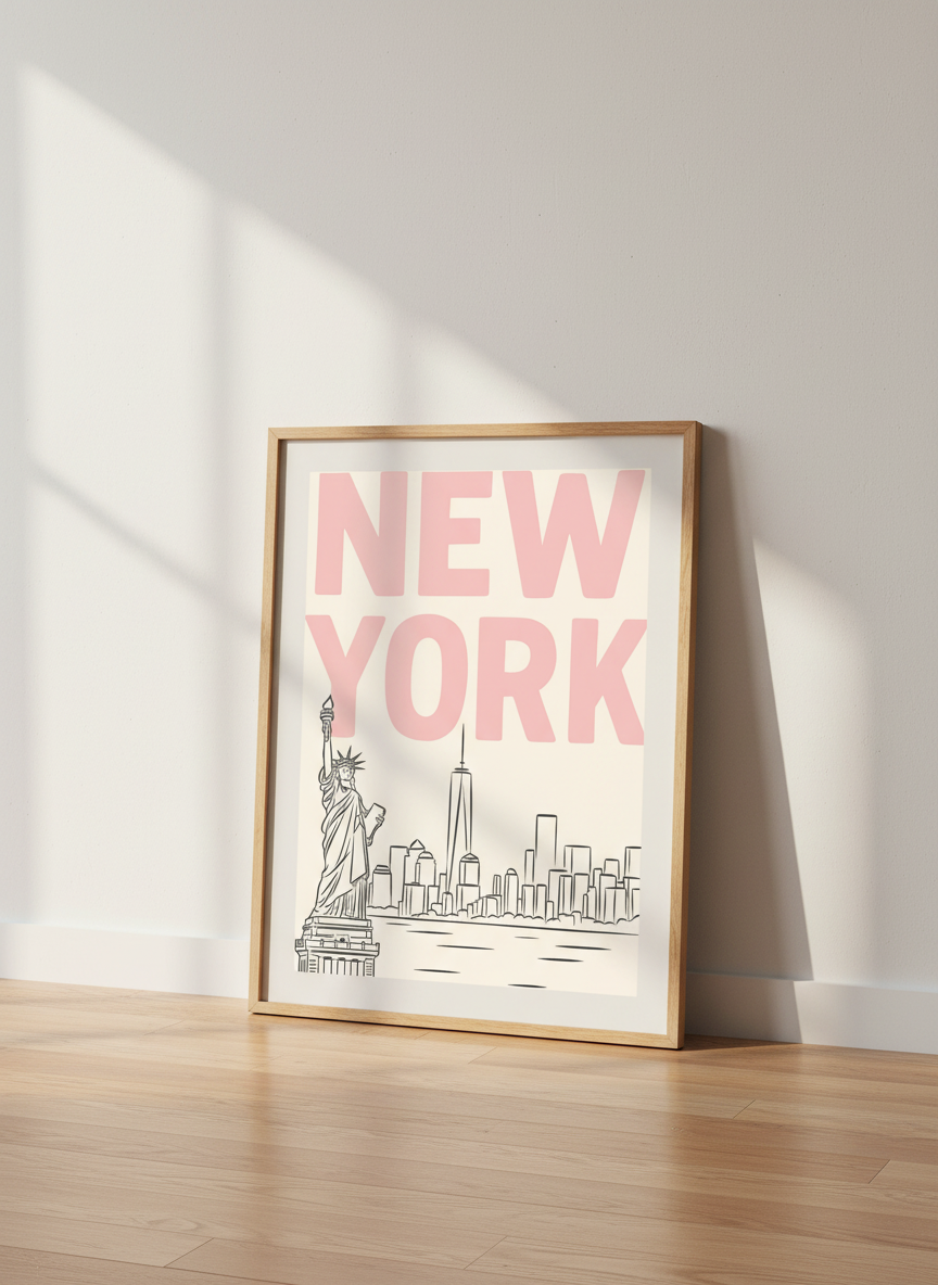 Preppy NYC Skyline Print - Pink Minimalist Wall Art for Girly Dorm - Girly Dorm Room