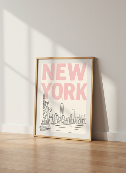 Preppy NYC Skyline Print - Pink Minimalist Wall Art for Girly Dorm - Girly Dorm Room
