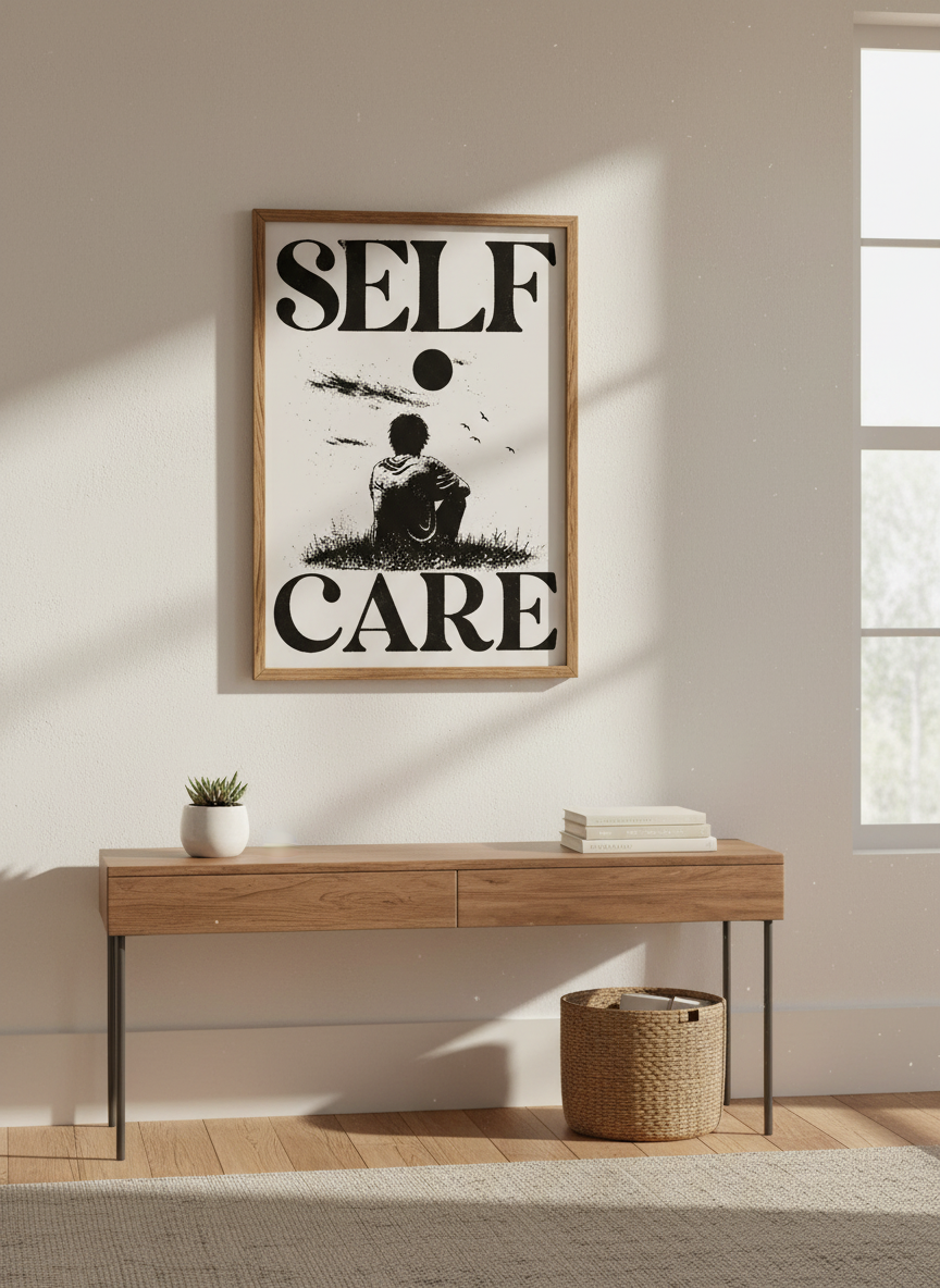 Self Care Black White Illustration Print | Minimalist Wall Art, Motivational Decor