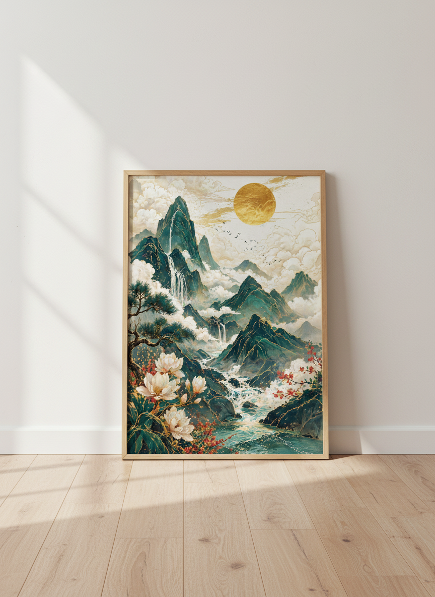 Japanese Mountain Landscape Wall Art | Gold Sun Zen Decor | Nature Poster