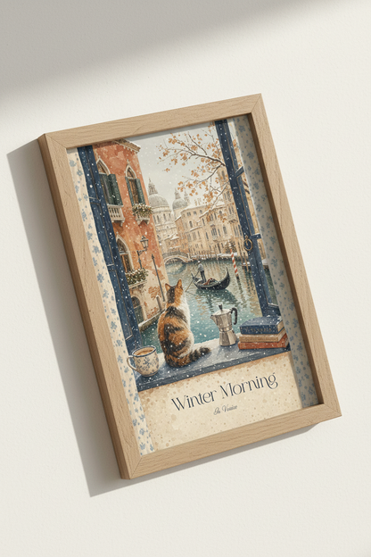 Venice Winter Cat Wall Art | Cozy Italian Cityscape, Travel Poster Print