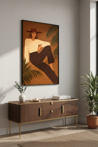 Boho Woman Portrait Framed Art Print | Living Room Decor | Mid-Century Modern Abstract Girl Wall Art | Ready to Hang Poster