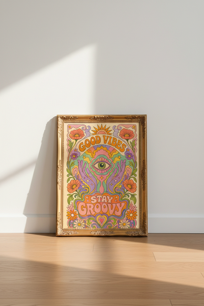 psychedelic poster | retro floral sunburst, living room decor