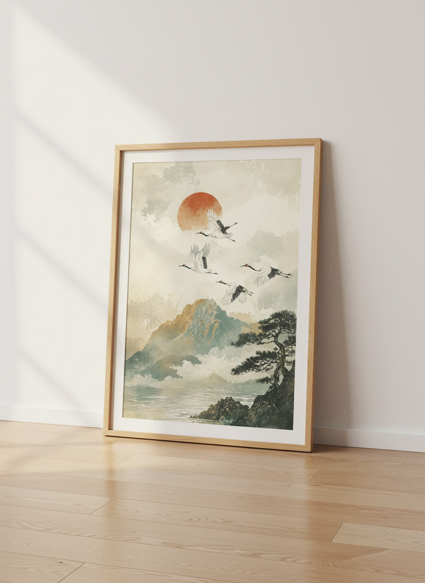 Japanese Crane Wall Art Print | Misty Mountain Landscape Decor | Minimalist Poster