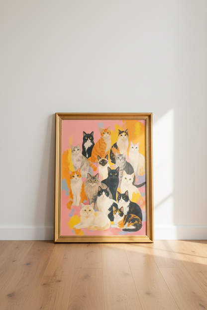 Cat Wall Art Print | Colorful Illustrated Feline, Living Room Decor