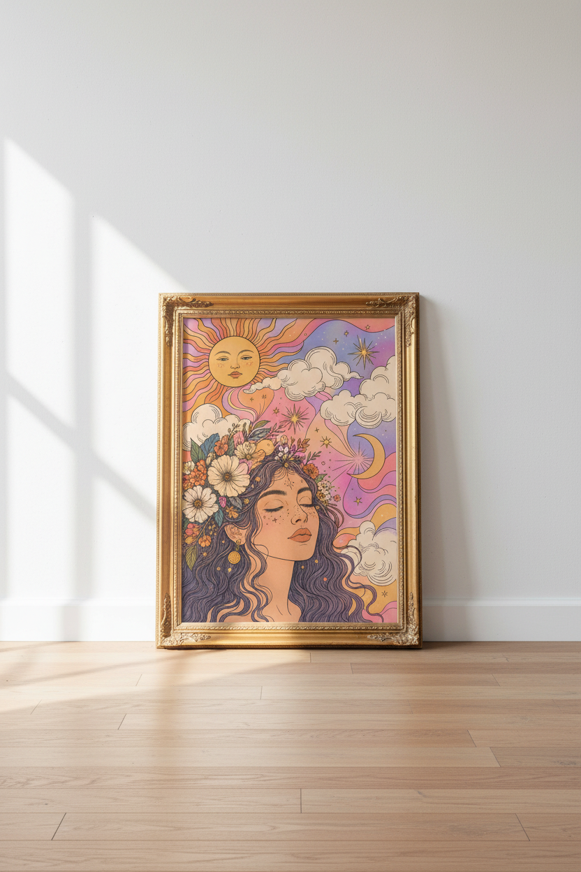 boho celestial print | Sun Moon Floral, Bedroom Decor