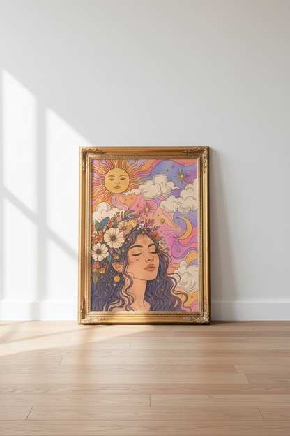 boho celestial print | Sun Moon Floral, Bedroom Decor