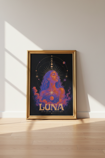 Moon Goddess Print | Celestial Neon Portrait, Bedroom Decor