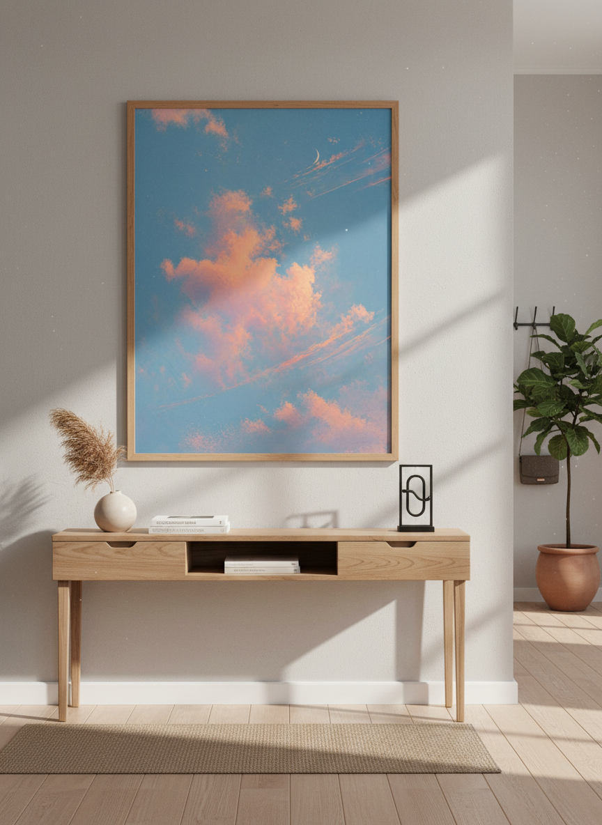 Pastel Sunset Clouds Print | Aesthetic Blue Sky &amp; Moon Wall Art, Cozy Bedroom Decor