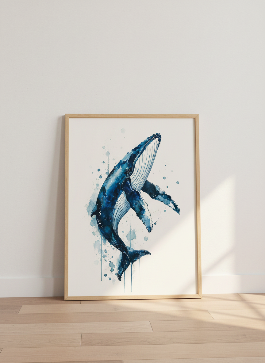 Blue Watercolor Whale Wall Art | Indigo Nautical Decor, Coastal Nursery Poster