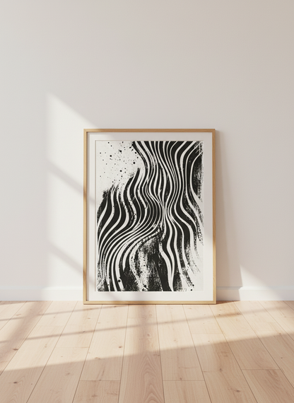 Abstract Wavy Lines Wall Art | Black and White Ink Poster, Modern Office Decor