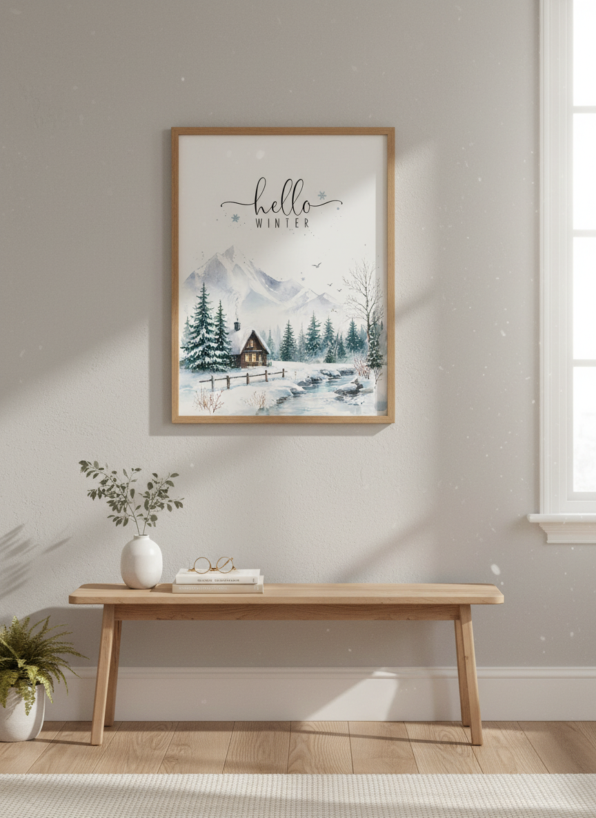 Hello Winter Cabin Art | Cozy Snowy Landscape Print | Rustic Christmas Decor