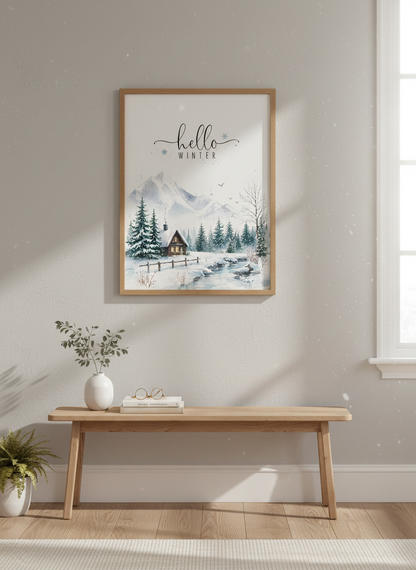 Hello Winter Cabin Art | Cozy Snowy Landscape Print | Rustic Christmas Decor