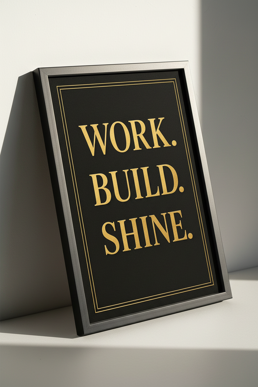 Motivational Quote Wall Art Print | Office Desk Decor | Work Build Shine Gold Black Poster | Inspirational Framed or Digital Art Gift