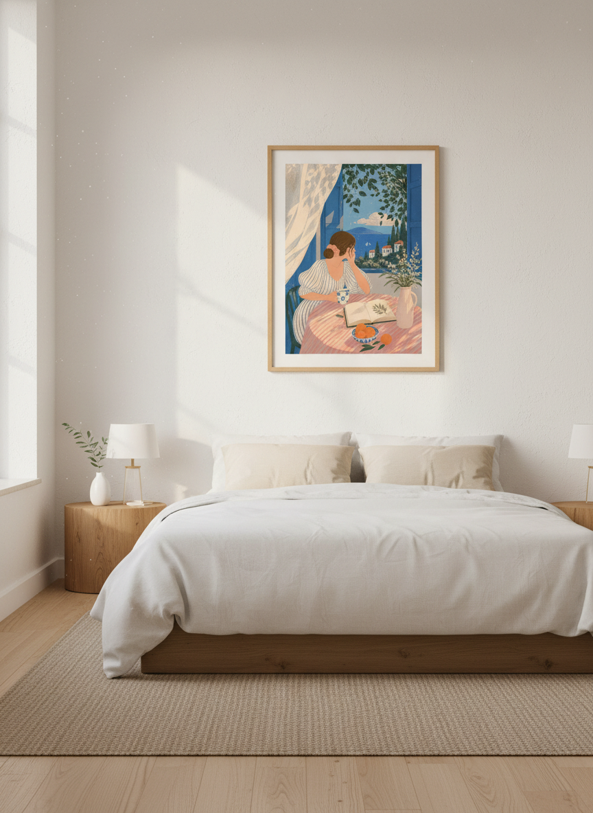 Mediterranean Coast Wall Art | Blue Window View Poster, Coastal Bedroom Decor