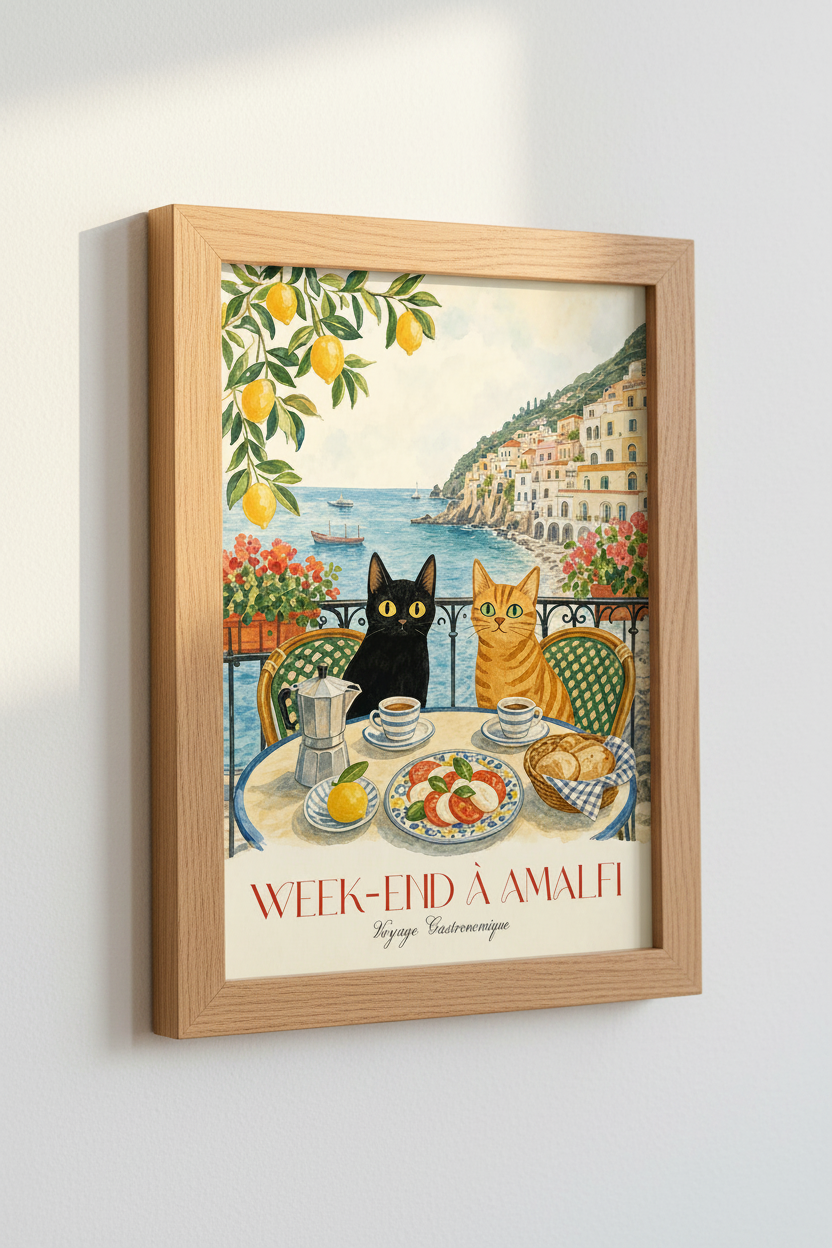 Amalfi Coast Cats Art Print | Italian Travel Poster | Whimsical Kitchen Decor