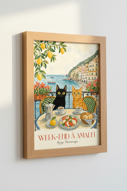 Amalfi Coast Cats Art Print | Italian Travel Poster | Whimsical Kitchen Decor