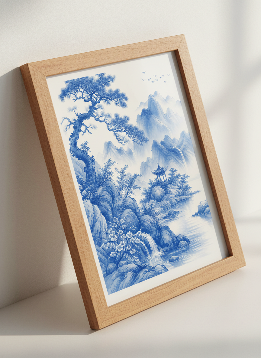 Blue and White Chinoiserie Landscape Wall Art | Mountain Pagoda Print, Zen Living Room