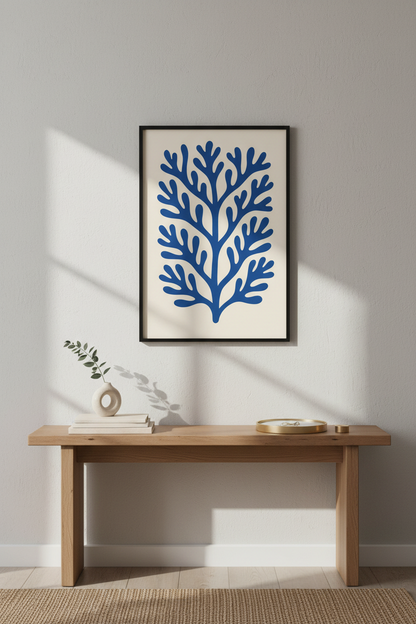 Abstract Ocean Coral Framed Wall Art | Coastal Living Room Decor | Mid Century Blue Aesthetic Poster | Ready to Hang Print