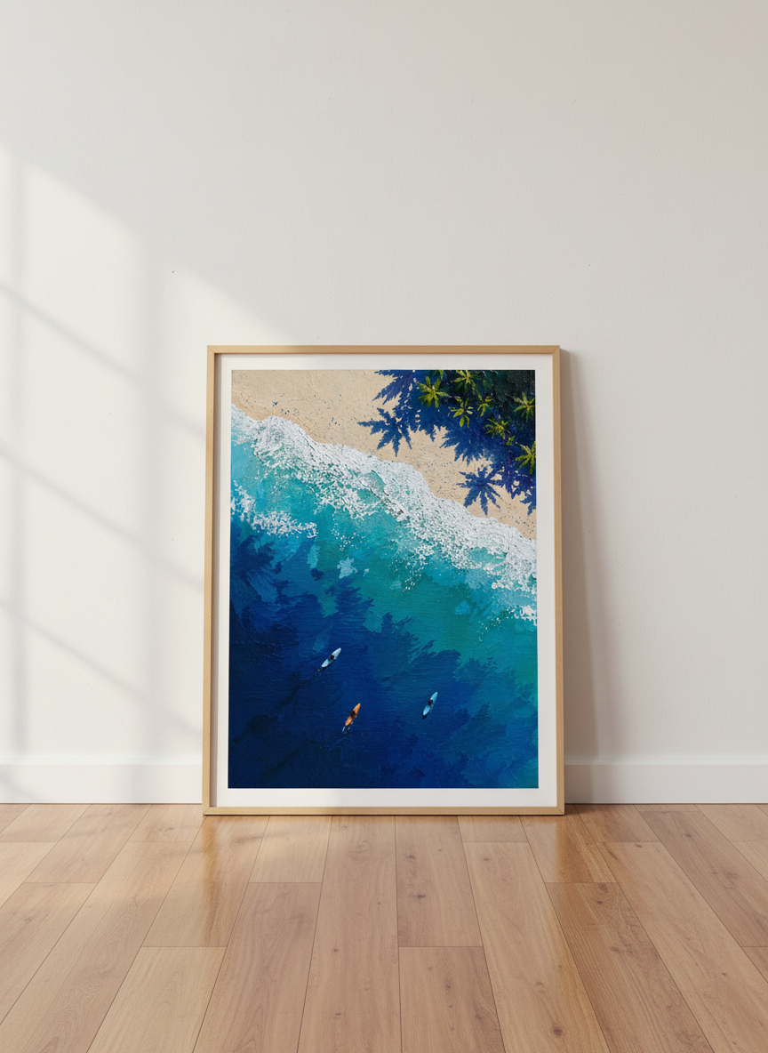 Surfers Aerial Beach Wall Art Print | Coastal Living Room Decor | Tropical Poster