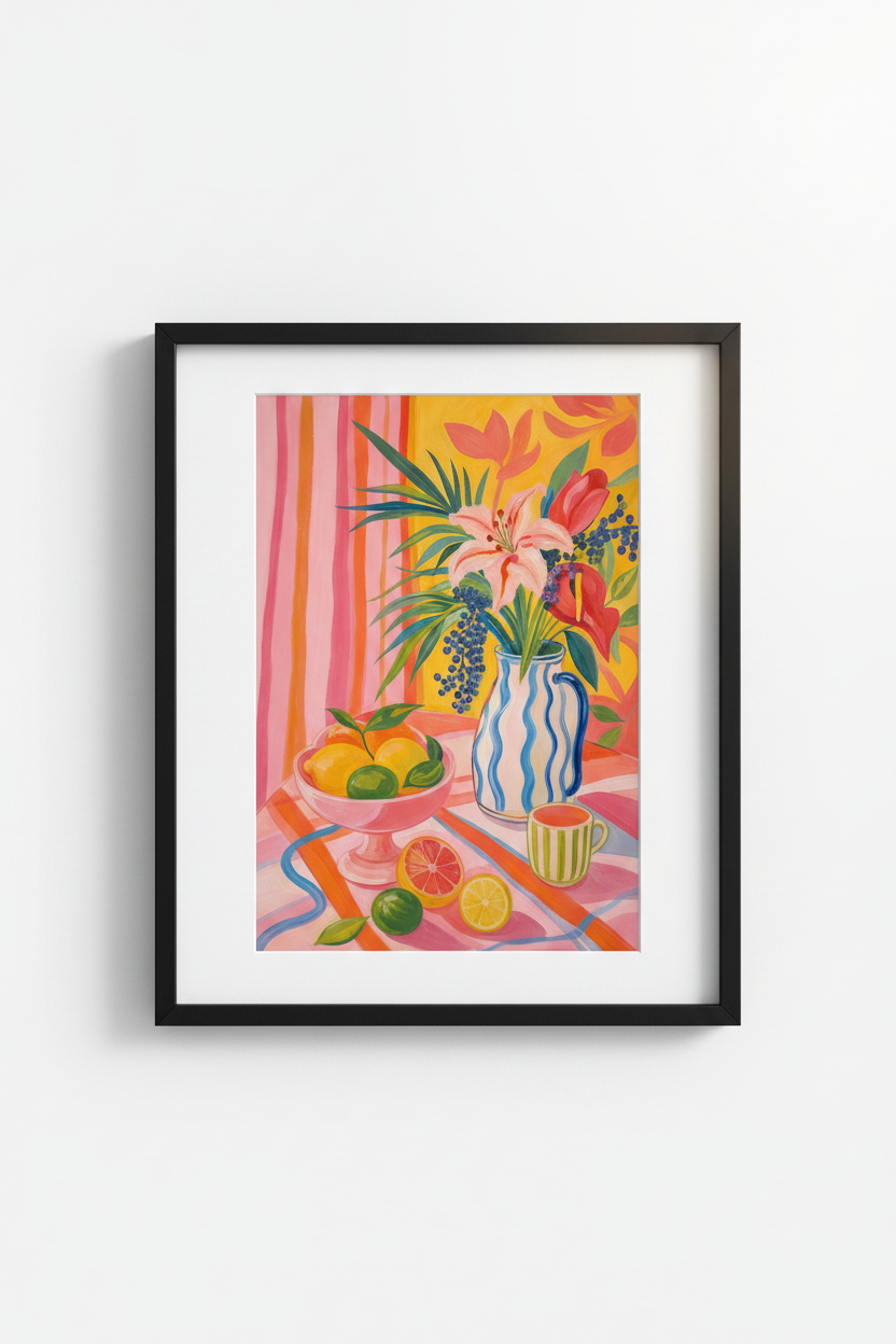 colorful still life | Painterly Pink Yellow Fruit Bouquet, Kitchen Decor