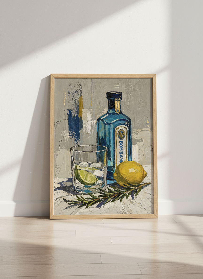 Gin Bottle Oil Painting | Blue Bar Cart Decor, Modern Kitchen Art Print