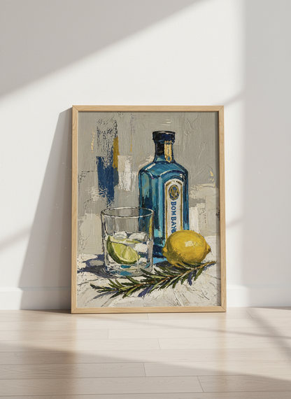 Gin Bottle Oil Painting | Blue Bar Cart Decor, Modern Kitchen Art Print