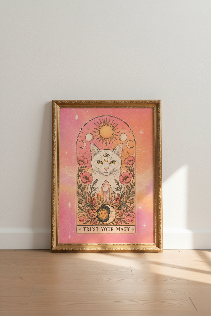 Mystical Cat Poster | Boho Sunmoon Art, Bedroom Decor