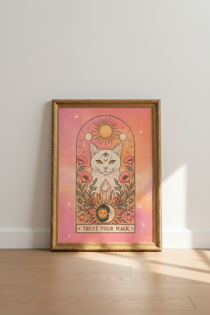 Mystical Cat Poster | Boho Sunmoon Art, Bedroom Decor