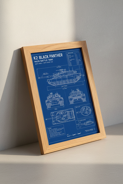 K2 Black Panther Tank Blueprint Wall Art | Military Decor | Blue Technical Poster